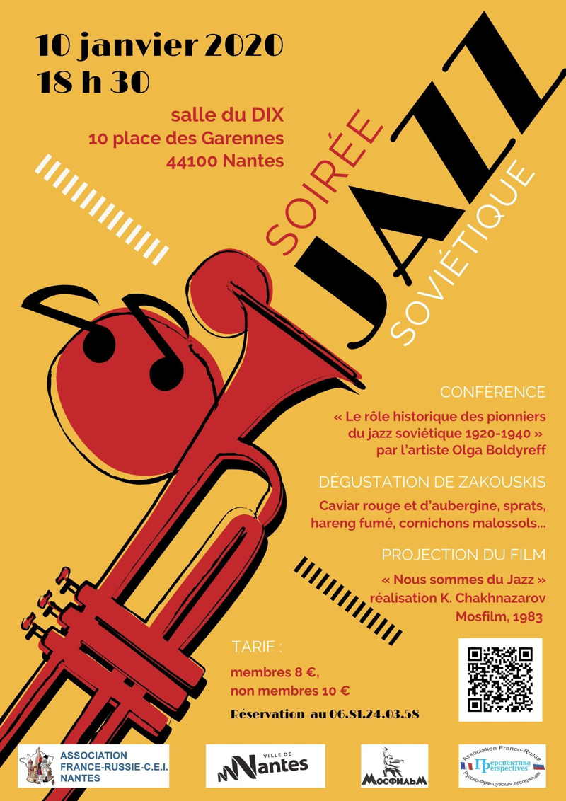 Affiche. Nantes. Association France-Russie-CEI Nantes. Soirée JAZZ soviétique. 2020-01-10